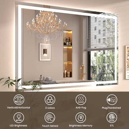 Snowdool 40 x 36 in LED Bathroom Mirror, Front and Backlit, Anti-Fog | Front and Backlit, 3 Color Temperatures, Anti-Fog, Tempered Glass - size: 36"L x 40"W