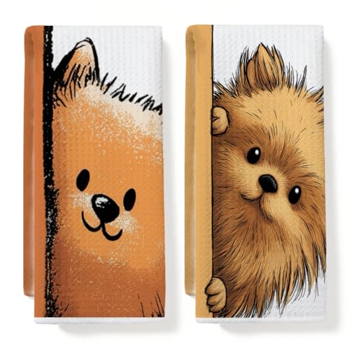 JIUWEIHU 2 Pcs Funny Pomeranian Kitchen Towels, Cute Dogs Gifts Hand Towels | 14x24 Inches Tea Towel for Kitchen Bathroom Home Decor, Dogs Waffle Dish Towel, Pomeranian Lover Gifts for Women Mom Friends - color: Multi 0185