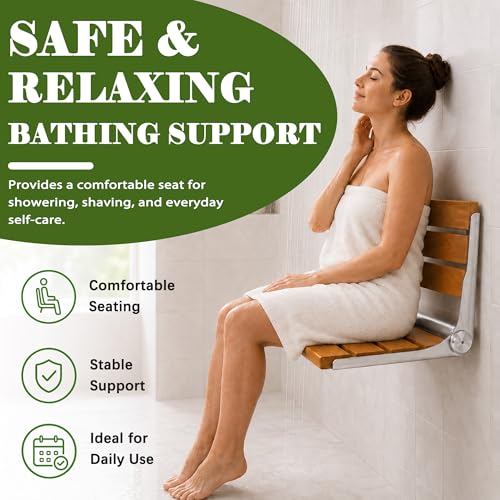Folding Shower Seat Teak, Folding Shower Seat Wall Mounted, Foldable Shower Chair for Home Care, 450 lbs Capacity (Stainless Steel, 13'' D x 17'' W x 10'' H) - color: Stainless Steel