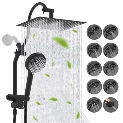 Hibbent High Pressue All Metal 12" Rainfall Shower Head, Handheld 10-Spray | cUPC Certified Matte Black Dual Showerhead Combo, 4-way Diverter with Pause Mode, Brass Extension Arm, 71'' Hose & Holder - color: Matte Black, style: Square 12"