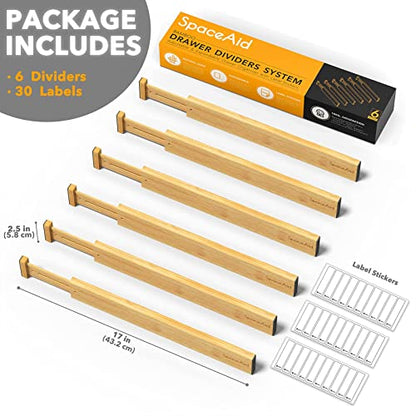 SpaceAid Bamboo Drawer Dividers (Need 2.35" Deep Drawer) Kitchen Adjustable Drawer Organizers, Expandable Organization for Home, Office, Dressers and Bathroom, 6 Dividers (13.25-17 in) - size: Short (13.25-17 in)