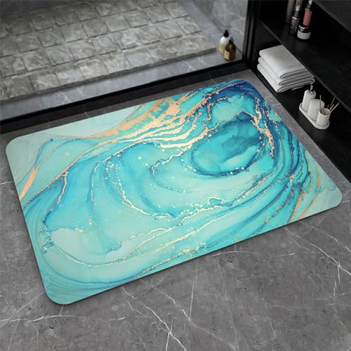 Diatomaceous Earth Bath Mat,Turquoise Marble Non-Slip Volume Super Absorbent Fast Drying for Bathroom Kitchen Door mat,Eco-Friendly Easy to Clean 20×31Inch (50 * 80cm) - color: Turquoise Marble, size: 1'8" x 2'8" (Rectangular)