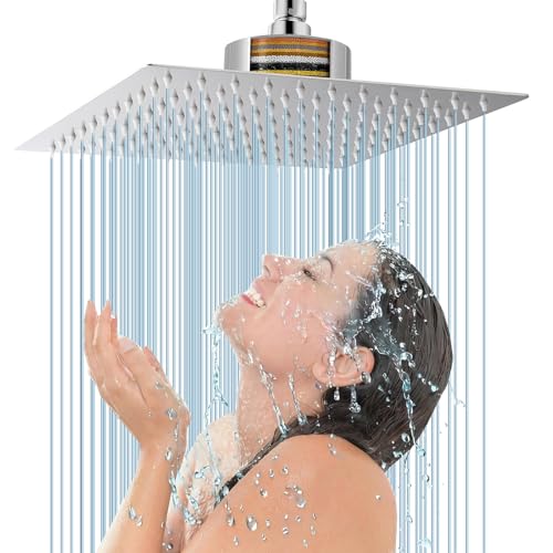 Voolan Rain Shower Head with Filtered - High Flow Bathroom Rainfall Filter Showerhead For Hard Water, Upgraded 304 Stainless Steel Construction (12"Square, Chrome) - color: Chrome, size: 12 Inch