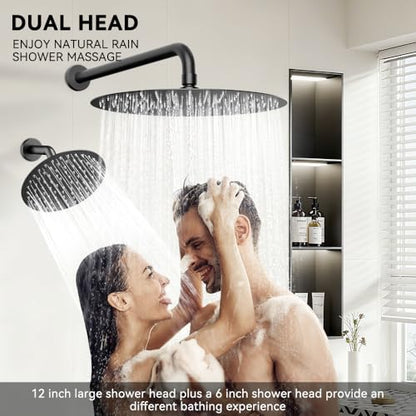 Shower Systems STARBATH 12+6" Round Dual Rainfall Shower Head with Handheld Spray for Two People, Wall Mounted 3 Way Rain Shower Faucet Sets Complete, Included Valve and Trim Kit, Matte Black - color: Matte Black, size: 6+12 inch-05