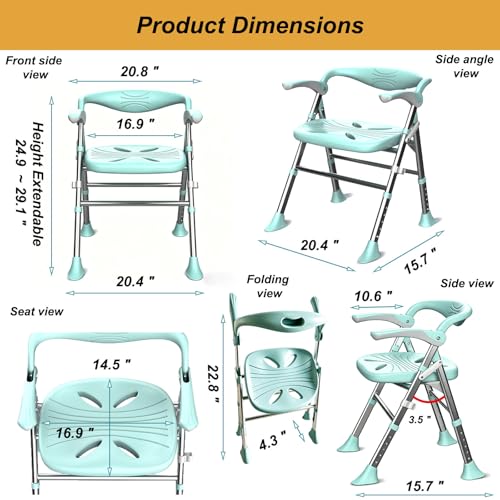 Shower Chair, Shower Chair for Elderly & Disabled, Heavy Duty Bath Stool with Arms and Back, Adjustable Height, Non-Slip Shower Bench Seat, Safe Foldable Bath Assist for Seniors Inside Bathtub Shower