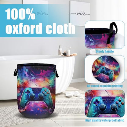 Gamepad Neon Ligh Laundry Basket, Laundry Hamper Collapsible Oxford Cloth with Handle Clothes Storage Bin for Bathroom Laundry Room Bedroom 15.7 X 20 Inch - color: Gamepad Neon Ligh