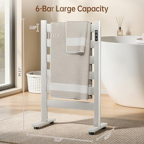 6-Bar Freestanding Heated Towel Warmer with PTC Fast Heating | 170°F Adjustable Temperature, 2-12H Timer & Memory Function, Freestanding Design, Wide Bar Rack for Towels, Matte White - color: White