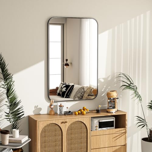 20x28 Inch Black Bathroom Vanity Mirror for Over Sink | Rectangle Wall Mirror for Bathroom with Round Corner, Hangs Horizontally Vertically for Living Room, Bedroom as Home Decor - color: Black, size: 28"L x 20"W