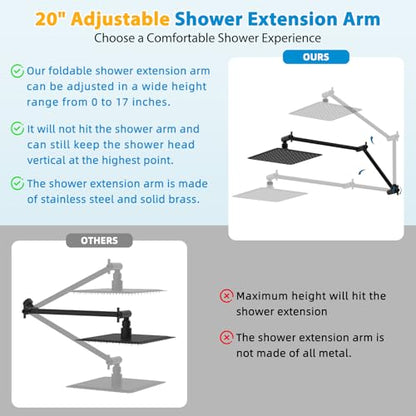 All-Metal 20" Shower Head Extension Arm, G1/2" Universal/Adjustable, Black | Flexible Brass Shower Extender Height/Angle Adjustable for Tall People, Stainless Steel Shower Pipe Extended with Lock Joint - color: Matte Black, size: 20 Inch