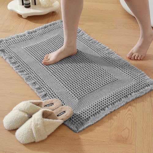 Waffle Bathroom Rugs Non Slip Bath Mat Hallway Bedroom Light Gray | Super Absorbent,Machine Washable, Quick Drying,Soft Fabric Waffle Weave,with Tassels,24" x 36",for Hallway,Bedroom,Laundry - color: Light Gray, size: 24" x 36"