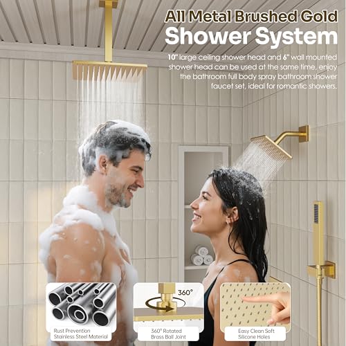 Gold Shower Faucet Set, Brushed Gold Shower System, 10'' Ceiling Shower Head and 6'' Wall Mounted ShowerHead, Dual Gold Shower Head with Handheld Combo, 3 In 1 Push Button Shower Diverter Valve - color: Brushed Gold