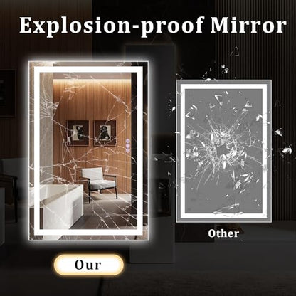 55"x 30" LED Bathroom Mirror Backlit & Front Lit Lighted Vanity Mirror with Lights for Wall, 3 Color Dimmable, Anti-Fog, Adjustable Brightness, Shatterproof Tempered Glass