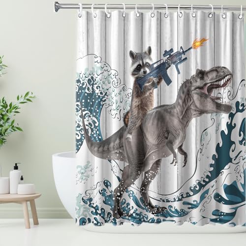 Funny Cute Raccoon Shower Curtain, Japan Animal Dinosaur Ocean Sea Wave Fabric Shower Curtains Set, Japanese Rustic Shower Curtains with Hooks, Kids Farmhouse Bathroom Decor 72x72inch - color: Multi-1, size: 72"W x 72"L (Pack of 1)