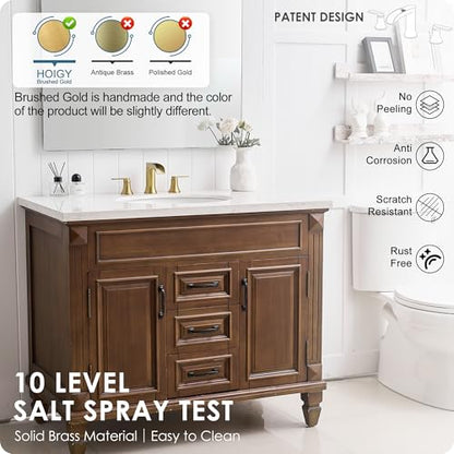 Brushed Gold Bathroom Faucet 3 Hole, 4-8 Inch Brass Widespread Waterfall Bathroom Sink Faucets with Pop Up Drain and cUPC Supply Line, 2 Handles for Vanity, Lavatory, Restroom, Apartment, Modern - color: Brushed Gold - Elegant