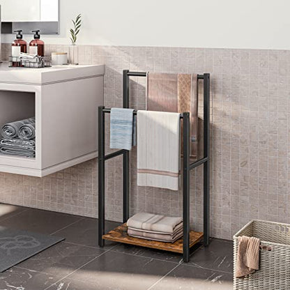 HOOBRO Free Standing Towel Rack for Bathroom, 2 Tier Blanket Rack, 16.5" L x 9.4" W x 31.5" H, Blanket Holder, Drying and Display Rack with Shelf, Rustic Brown and Black BF02LB01 - color: Rustic Brown + Black, size: 16.5"L x 9.4"W x 31.5"H