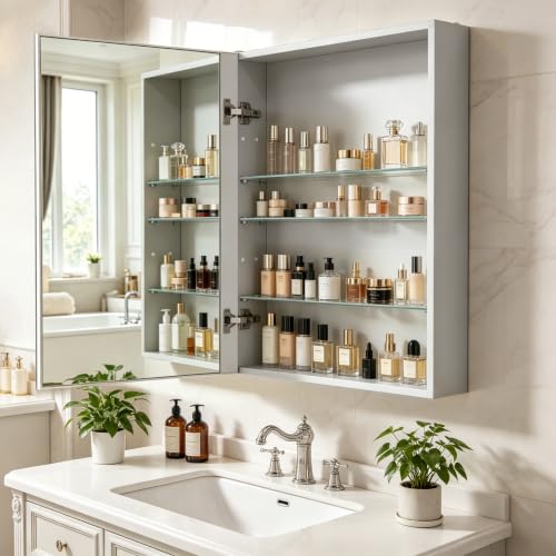 24"x 32"Bathroom Medicine Cabinet,Double-Sided Mirror Door | Silver Aluminium Frame,Lightweight,Sturdy and Attractive,Simple Wall-Mounted,Adjustable Shelves,Tempered Glass - size: 24"x 32"