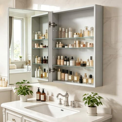 24"x 32"Bathroom Medicine Cabinet,Double-Sided Mirror Door | Silver Aluminium Frame,Lightweight,Sturdy and Attractive,Simple Wall-Mounted,Adjustable Shelves,Tempered Glass - size: 24"x 32"