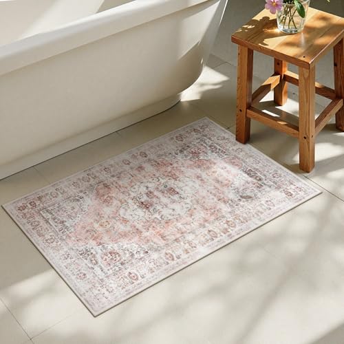 Uphome Boho Bathroom Rugs, Distressed Farmhouse Blush Pink Bath Mat, Comfy Velvet Small Bath Rugs Non Slip Washable, Vintage Oriental Toilet Rug for Sink Shower Vanity, 20x32 inch - color: Blush Pink, size: 20 x 32 inch (Rectangular)