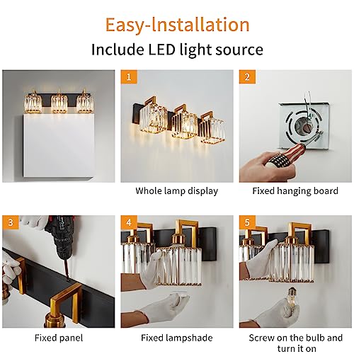 Modern Bathroom Vanity Light 3-Lights Black Gold Crystal Wall Lamp Bathroom Modern Crystal Vanity Lighting - color: Black+Gold Crooked, size: 3-light