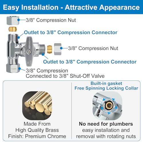 Brass Angle Stop Add-A-Tee Valve,3/8 x 3/8" x 3/8 Compression Water Splitter | T Adapter Connector for Sink Faucets, Glass Rinsers, Dishwashers, Washing Machines and 3/8" Water Supply Line - size: 3/8x3/8x 3/8 Compression Tee Valve