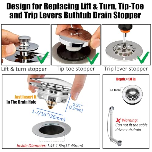 Anlige Bathtub Drain Stopper, Pop Up Tub Stopper and Cover, Bottom with Hair Catcher, Universal for 1.45 to 1.8 in Drain, Replaces Old Drain Plug, Chrome Silver - color: Chrome Silver