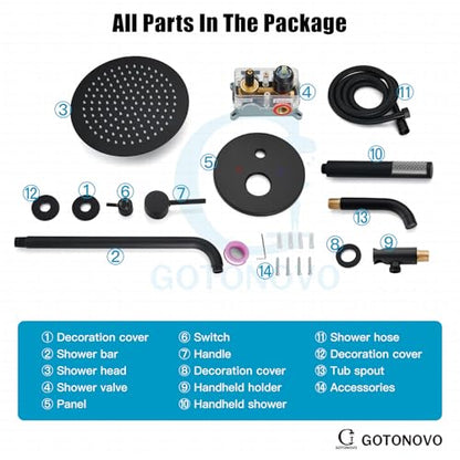 gotonovo Tub Shower Faucet Set with Valve,Matte Black,Straight Handheld | 10” Rain Shower Head with Handheld Trim Kit,Luxury Shower System with Tub Spout,All Metal,Bathroom Wall Mounted 3 Function - color: Black