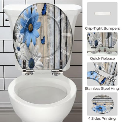 Round Resin Toilet Seat, Quietly Close Quick Release Hinges Cover | Toilet Lid Cover Easy to Clean and Install, Flower Shower Daisy Wild Rustic Floral Blue Flowers White Heavy Duty Toilet Seat - color: pattern8, size: O-shape