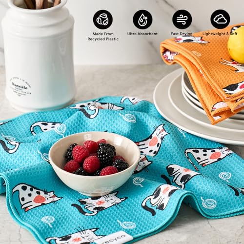 RECYCO Waffle Kitchen Towel Set of 2 - Quick Dry Microfiber Sustainable Dish Towels - Ultra Absorbent Reusable Cleaning Tea Towels - Lightweight Hand Towels,16”x 28”, Cuddly Cats - color: Cuddly Cats
