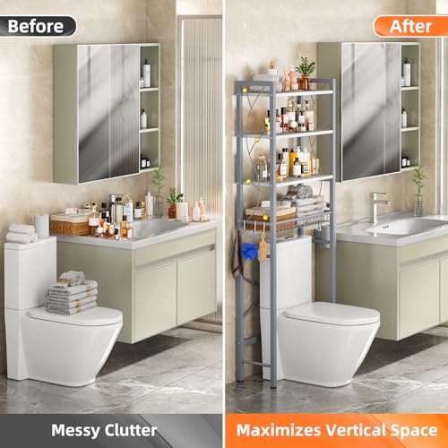 Over-The-Toilet Storage Rack, 4-Tier Bathroom Organizer Shelf Over Toilet with Adjustable Shelf and Basket, Freestanding Space Saver Bathroom Shelves Above Toilet for Room (Gray White) - color: Gray White