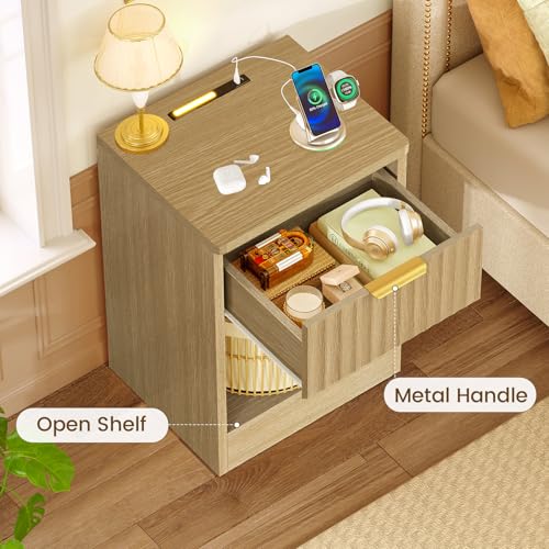 Fluted Nightstands Set of 2, Bed Side Table with Charging Station and LED Light, Night Stand with Storage Drawer and Open Shelf, End Table for Small Space, Bedroom, Natural - color: Unbzx025rd2-zf