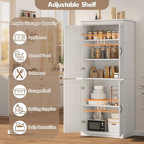 IDEALHOUSE Pantry Cabinet, White 4-Door with Adjustable Shelves, 70" H | Freestanding Cupboard with 5 Interior Compartments, Dining Room, Kitchen, Bathroom, Living Room