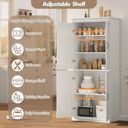 IDEALHOUSE Pantry Cabinet, White 4-Door with Adjustable Shelves, 70" H | Freestanding Cupboard with 5 Interior Compartments, Dining Room, Kitchen, Bathroom, Living Room