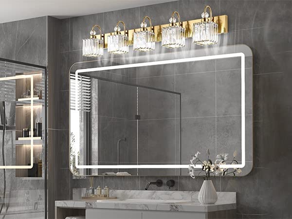 Ralbay Gold Crystal 5-Light Bathroom Vanity Lights Over Mirror Modern Crystal Gold Bathroom Vanity Lighting - color: Square-Gold, size: 5-light