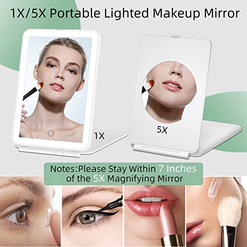 FUNTOUCH Rechargeable Portable Makeup Mirror with 72 LED Lights 1X/5X | Travel Lighted 1X/5X Magnification, 3 Color Lighting,Dimmable Touch Screen, Tabletop Folding Cosmetic Lights - color: Bright White