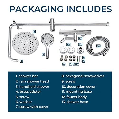 Outdoor Shower Faucet Set 8" Round Shower Head 3 Function Thermostatic Rainfall Shower Faucet Set Handheld Sprayer with Constant Temperature Polished Chrome with Height Adjustable Slide Bar