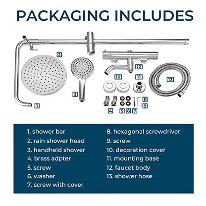 Outdoor Shower Faucet Set 8" Round Shower Head 3 Function Thermostatic Rainfall Shower Faucet Set Handheld Sprayer with Constant Temperature Polished Chrome with Height Adjustable Slide Bar