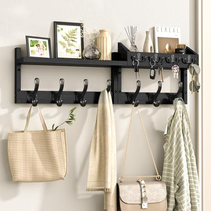 Evermagin 29" Coat Rack Wall Mount with Shelf & 11 Hooks, Entryway, Black | Wooden Wall Mounted Coat and Key Rack with Hooks, Key Hanger with Mail Holder for Living Room, Mudroom, Bedroom - color: Black, size: 29 inch