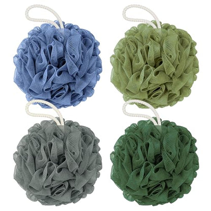 Rnoafmu Shower Loofah Bath Sponge 4 Pack (Blue Gray Green Dark Green) | 60G Luffa Exfoliating Body Scrubber, Mesh Shower Pouf Balls for Men and Women, Rich Lather with Body Wash - color: Blue Gray Green Dark Green