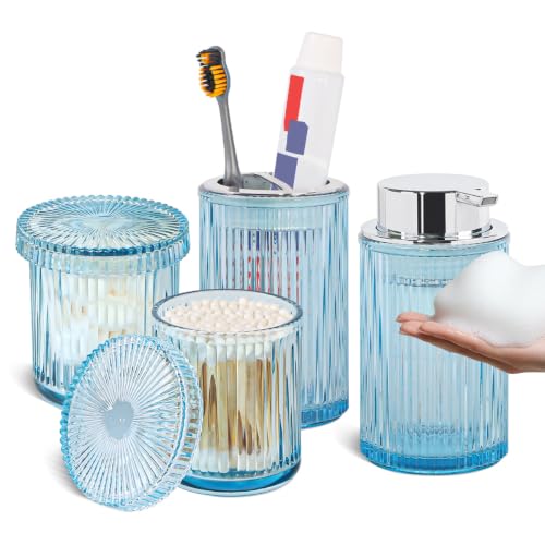 Blue Glass Bathroom Accessories Set, 4pcs Bathroom Accessory Set, Foaming Soap Dispenser,Toothbrush Holder and 2pcs Qtip Holder with Lid, Bathroom Modern Ribbed Jars Organizer for Decor - color: Blue and Silver