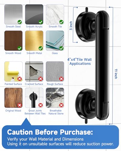 Suction Shower Handle, 2 Pack Grab Bars for Shower and Bathroom, Removable Safety Grip No Drilling & Waterproof, Heavy Duty Suction Cup Bath Handrails Grab Bars for Bathtubs, 11 inch - Black - color: Black