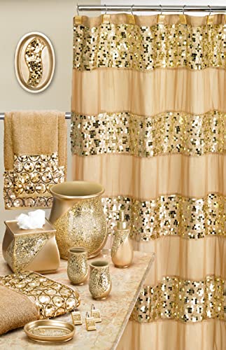Zahari Home 13pc Sinatra Bathroom Shower Curtain Set - Gold Curtain & 12 Champagne Hooks - Luxury Fabric Bling Unique Beautiful Set - color: Sinatra Champagne Gold, style: Shower Curtain and 12 Shower Hooks