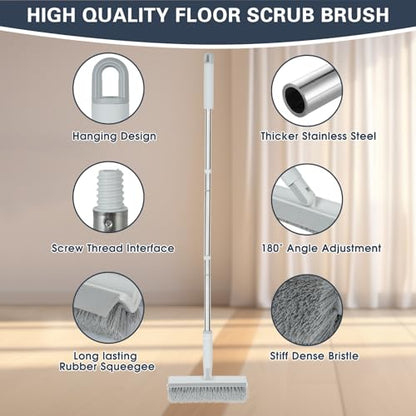 Floor Scrub Brush with Long Handle, 2 in 1 V-Shape Grout Brush with Squeegee + 2 Crevice Cleaning Brushes, Heavy Duty Stiff Bristle Scrubber Brush for Cleaning Shower Bathroom Kitchen Tile