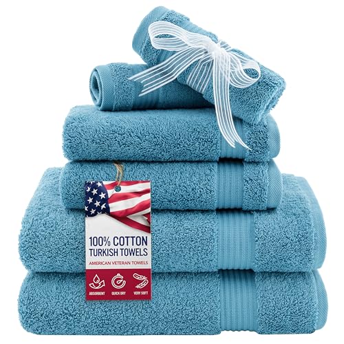 American Veteran Towel, 6 Piece Towel Set for Bathroom, 100% Cotton Turkish Bathroom Towels, 2 Bath Towels 2 Hand Towels 2 Washcloths, Sky Blue - color: Sky Blue, size: X Large 6 PC