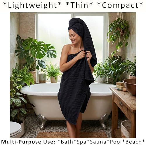PÜSKÜL 2-Piece Natural 100% Turkish Cotton Waffle Bath Towels Extra-Large | Black, 32x63" Bath Sheet Towel, Light Soft Absorbent Quick-Dry Lint-Free Premium Honeycomb Weave Oeko-Tex Made in Turkiye - color: Black, size: Bath Towels - Pack of 2