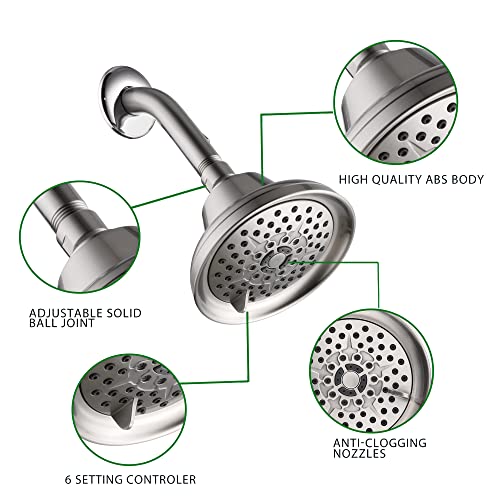 Rainovo 6 Spray Settings High Pressure Shower Head 5" Rain Fixed Showerhead - Brushed Nickel Adjustable Shower Head with Anti-Clogging Nozzles, Low Flow Easily Installation (RN-AU055003BN) - color: Brushed Nickel