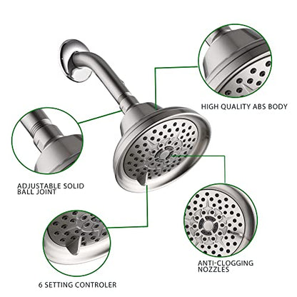 Rainovo 6 Spray Settings High Pressure Shower Head 5" Rain Fixed Showerhead - Brushed Nickel Adjustable Shower Head with Anti-Clogging Nozzles, Low Flow Easily Installation (RN-AU055003BN) - color: Brushed Nickel