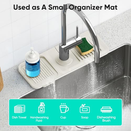 14.6 inch Faucet Mat for Kitchen Sink [5°Slope Fast Self-draining] Faucet Mat Kitchen Sink Splash Guard Silicone Sink Splash Guard Kitchen Sink Area Tidy Splash Faucet Guard Draining Mat-Beige - color: Beige, size: 14.6" x 5.5"