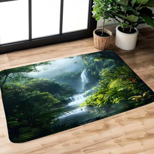 Rainforest Waterfall Bath Mat,17.8" Wx29.5 L Inch | Tropical Green Jungle, Nature Tree Forest Scenery, Stream River, Memory Foam,Bathroom Floor Bathtub Rug