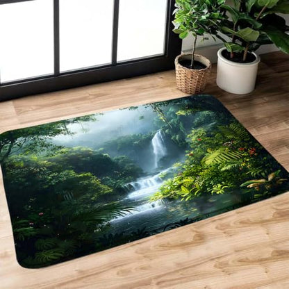 Rainforest Waterfall Bath Mat,17.8" Wx29.5 L Inch | Tropical Green Jungle, Nature Tree Forest Scenery, Stream River, Memory Foam,Bathroom Floor Bathtub Rug