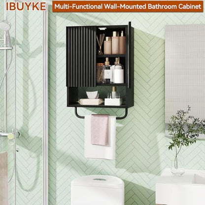 IBUYKE Bathroom Wall Cabinet Over Toilet Cabinet for Bathroom UWBS003B | with Doors and Adjustable Shelf, Towel Bar, Wall Mounted, for Laundry Room & Living Room Kitchen, Black,Modern - color: Black